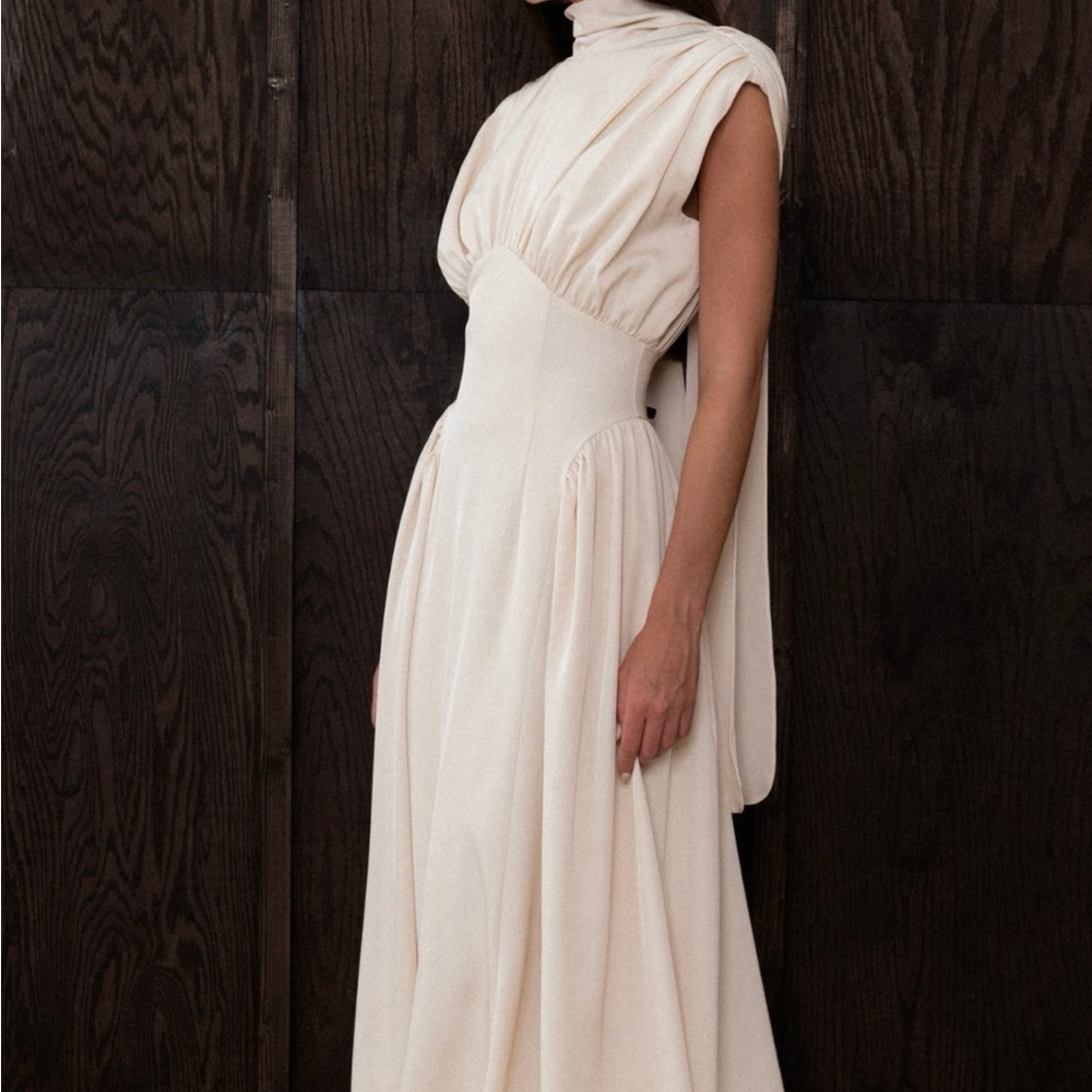Elegant Cream Midi Dress with High Neck